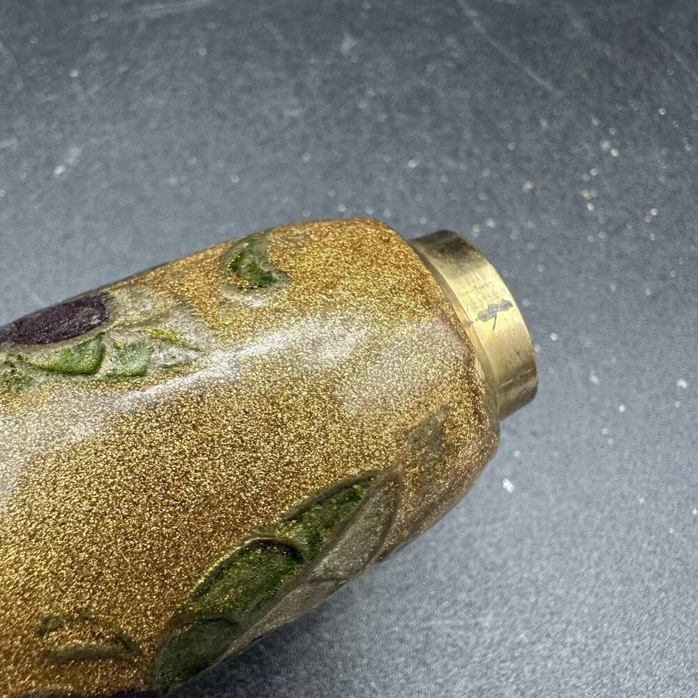 Vintage Miniature Cloisonné Enamel Brass Bud Vase 4” Floral Asian Decor